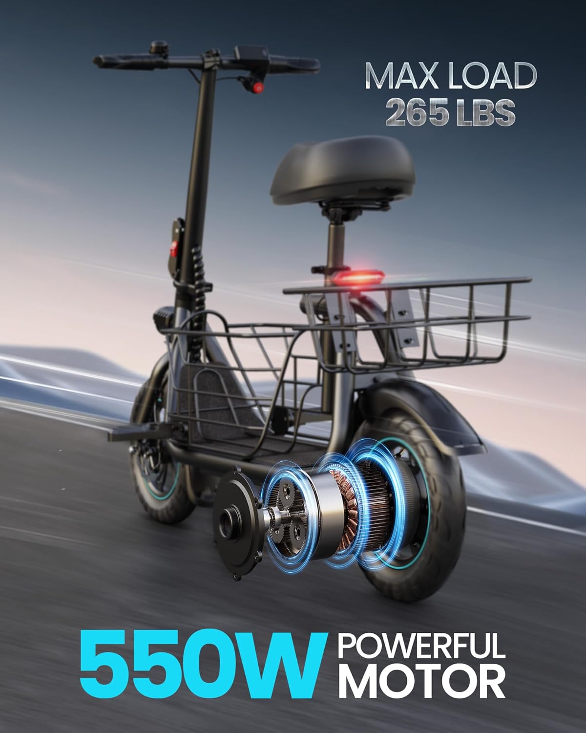 Gyroor Adults Electric Scooter with Large Middle Basket, 550W Motor 18.6 MPH 20 Mile Distance, Foldable E-Scooter with seat for Pets & Cargo