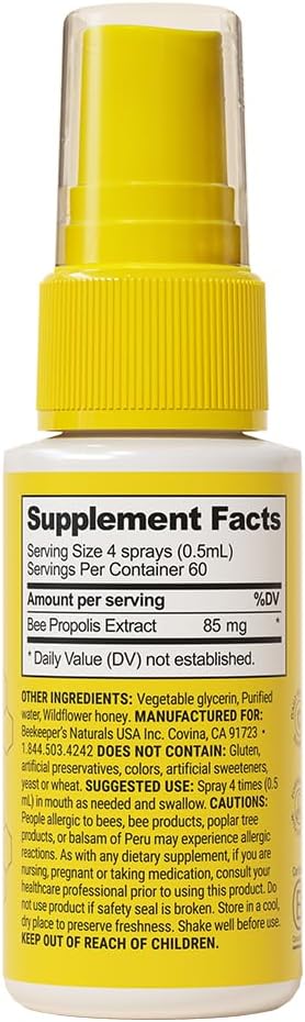 Propolis Throat Spray by Beekeeper's Naturals - 95% Bee Propolis Extract, Natural Immune Support & Sore Throat Relief - Antioxidants, Keto, Paleo, Gluten-Free (1.0 oz)(Pack of 1)