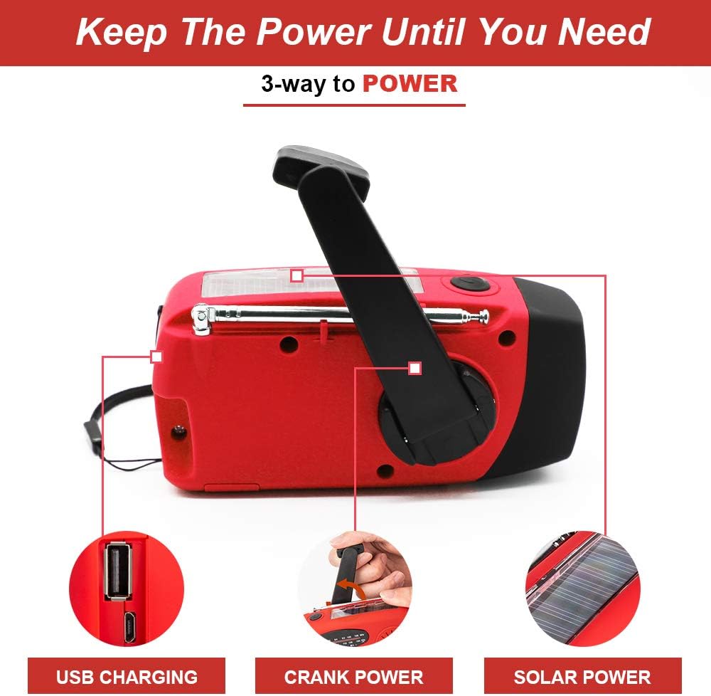 Upgrade Portable Solar Emergency Weather Radio Hand Crank AM/FM NOAA Survival Radios with LED Flashlight 2000mAh Power Bank for Smart Phone for Home Outdoor Camping Traveling Earthquake