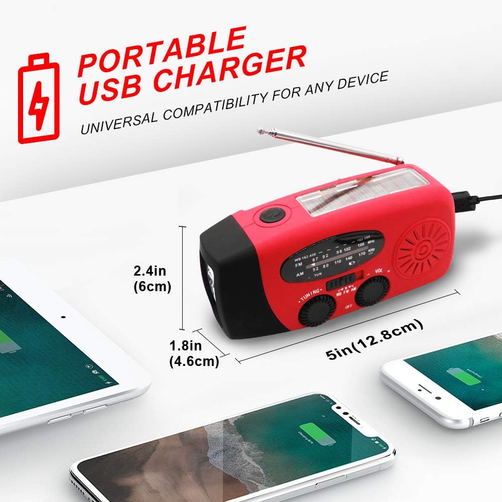 Upgrade Portable Solar Emergency Weather Radio Hand Crank AM/FM NOAA Survival Radios with LED Flashlight 2000mAh Power Bank for Smart Phone for Home Outdoor Camping Traveling Earthquake