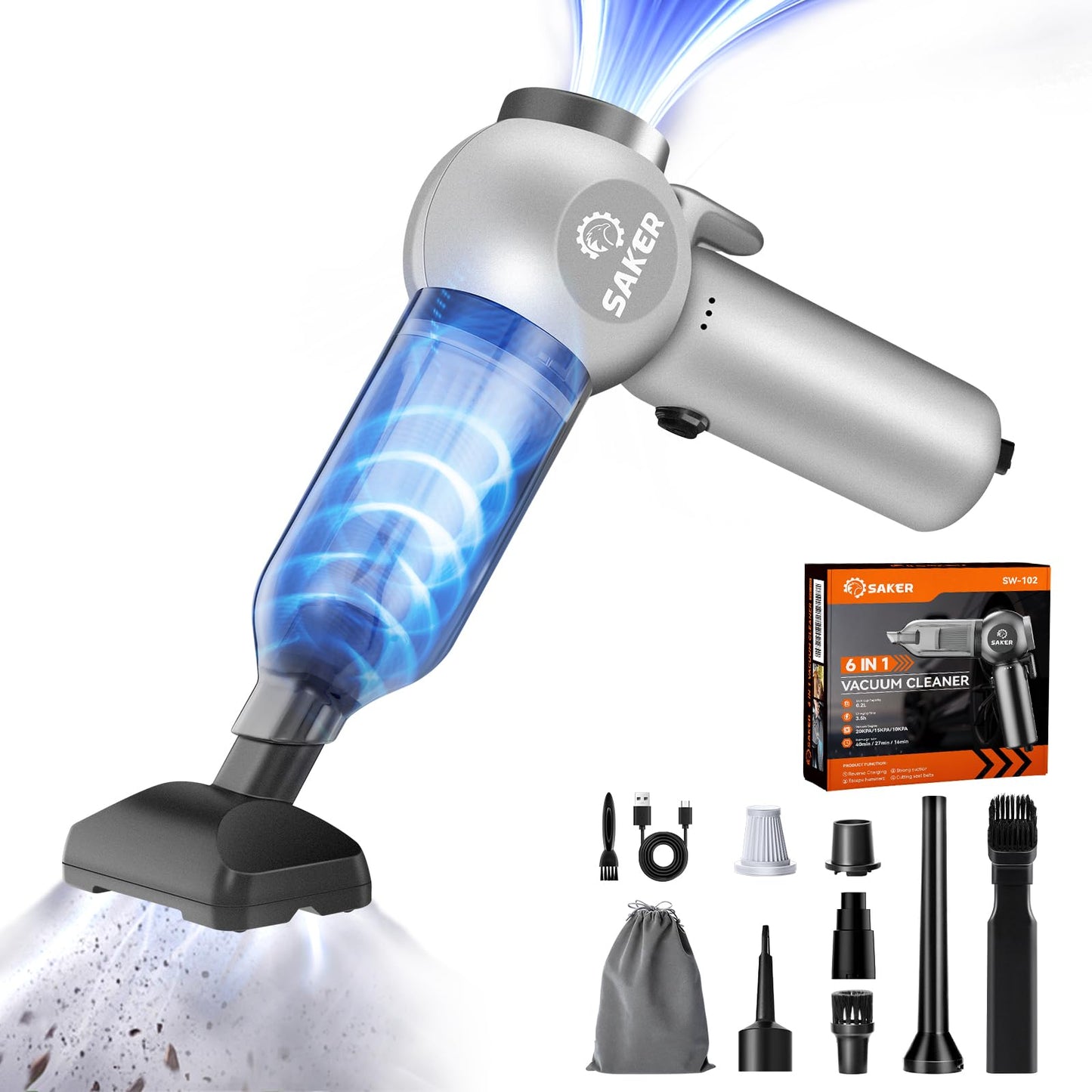Saker Portable Car Vacuum Cordless 20000Pa 6 in 1 Multifunctional Adjustable Small Handheld Vacuum 7800mAH with Brushless Motor, for Car Home and Office SW-102