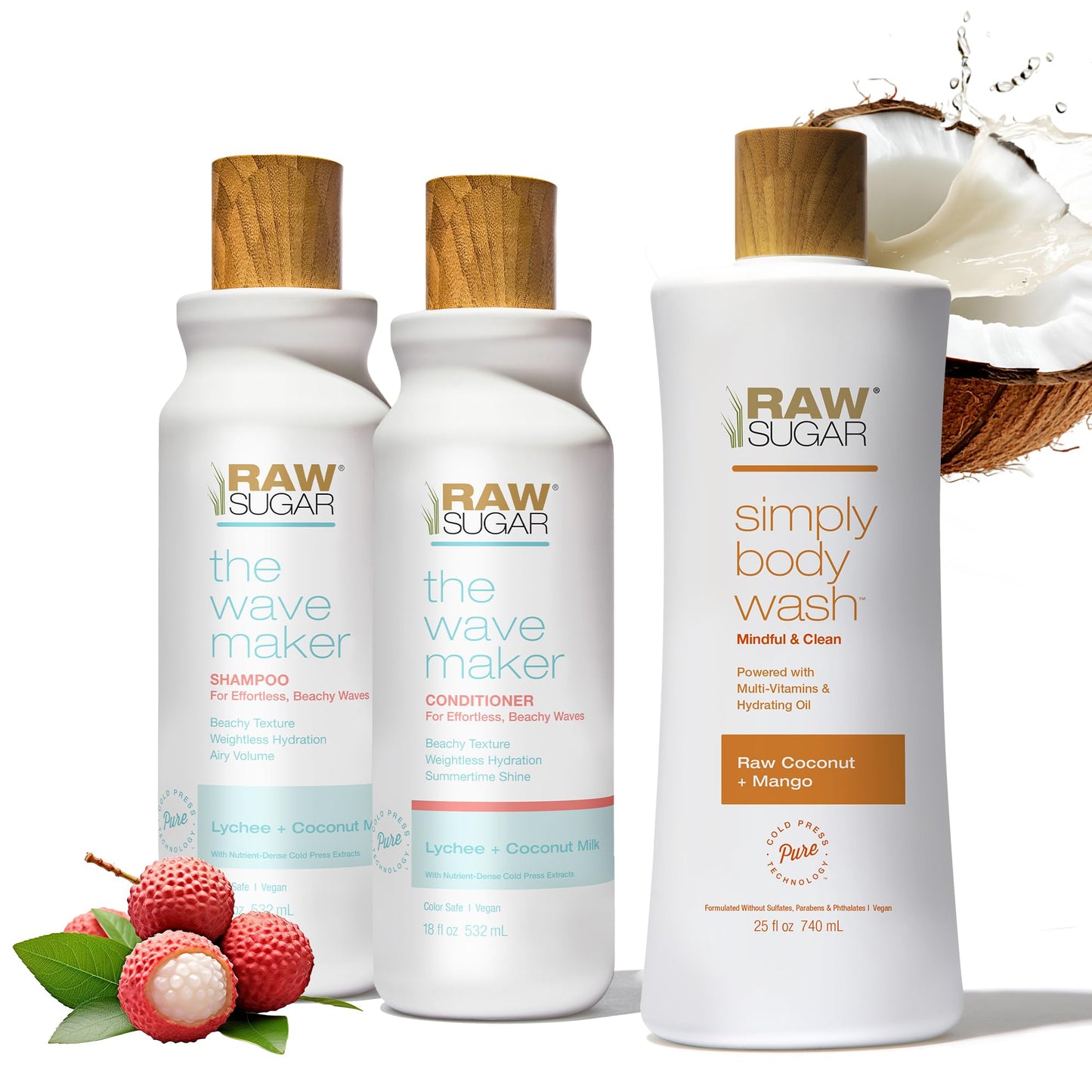 Raw Sugar Shampoo and Conditioner Set, The Wave Maker Hair Care Duo, 18 Fl Oz Each, Enhances Texture, Volume & Shine for Soft, Natural Wavy Curls, No Sulfates & Parabens, Color Safe, Vegan