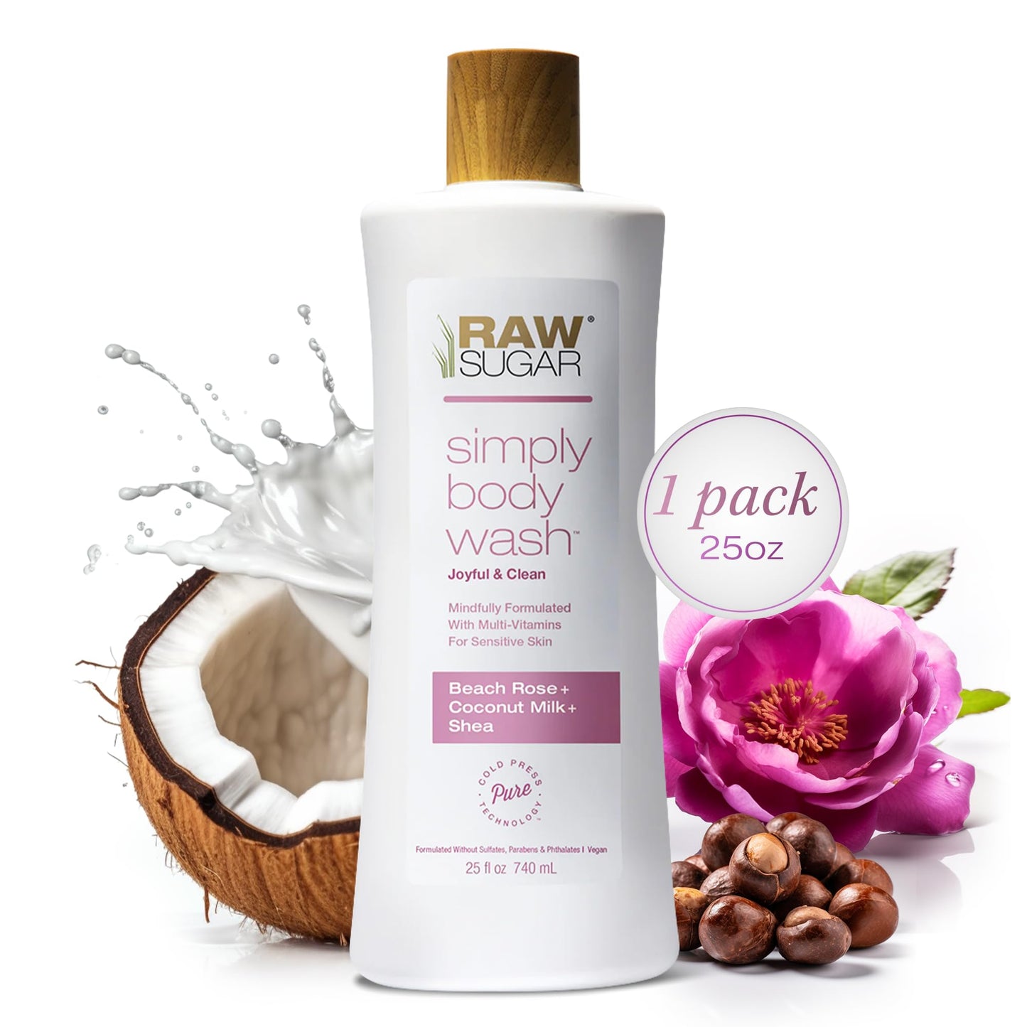 RAW SUGAR Simply Body Wash, Beach Rose + Coconut Milk + Shea (25 Fl Oz, Pack of 3) Sensitive Skin Bath Soap, Formulated without Sulfates & Parabens…