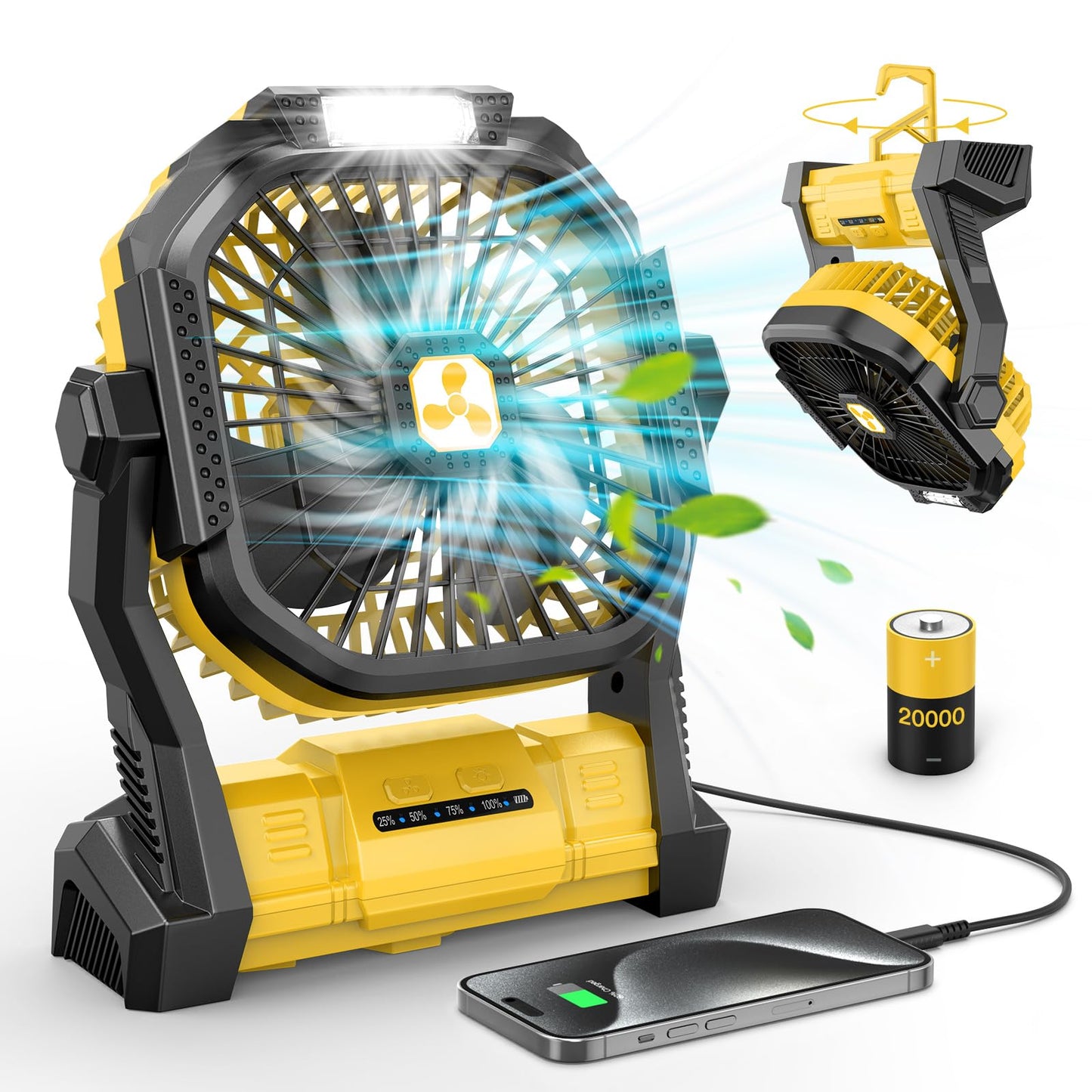 Portable Fan Rechargeable, 20000mAh Cordless Battery Powered Fan with LED Lantern, USB C Battery Operated for Travel Bedroom Home Camping Tent Office Beach Desk Fishing Table