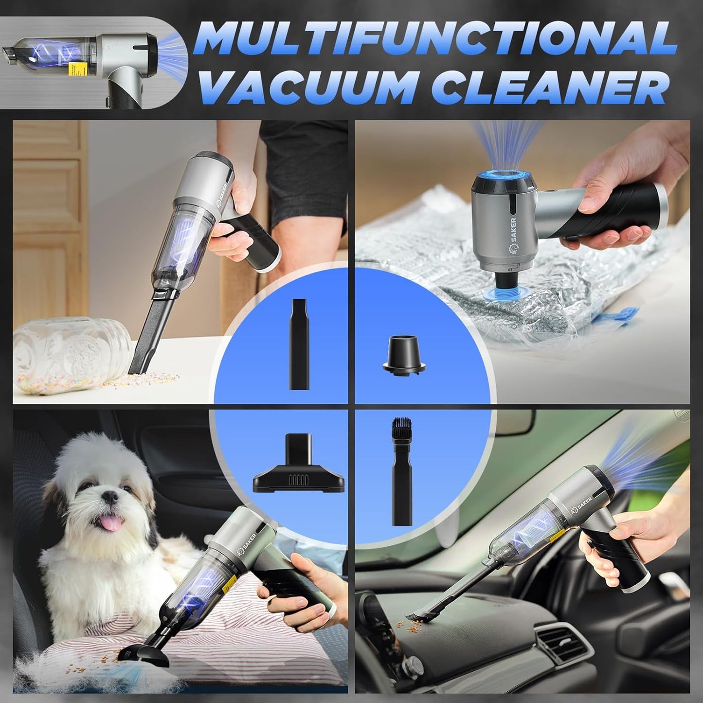 Saker Handheld Car Vacuum Portable Cordless17000PA Mini Vacuums Rechargeable Foldable Vacuum Cleaner with Brushless Motor for Gifts Home,Office Pet and Father's Day HL132 Black