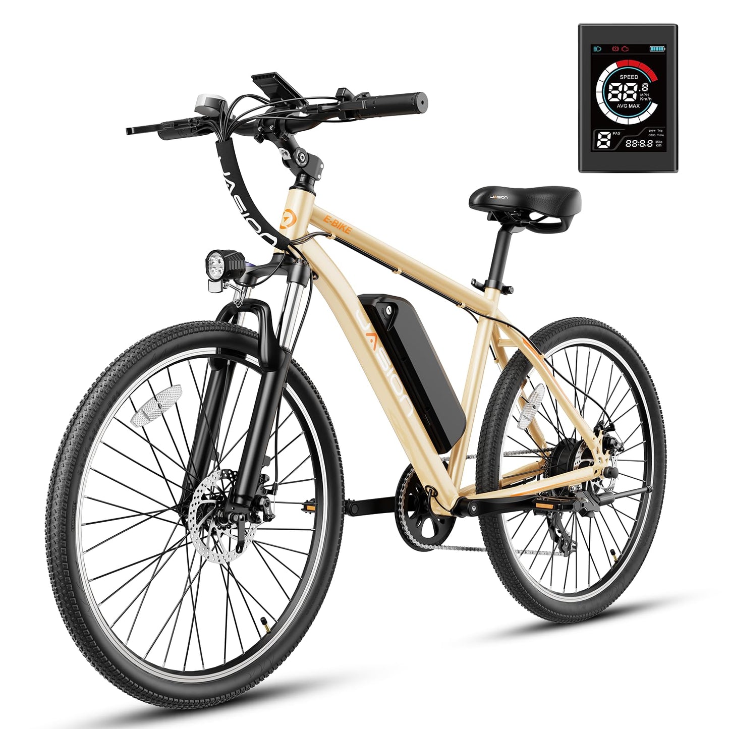 Jasion EB5 Electric Bike for Adults with Peak 500W Brushless Motor, 40Miles 20MPH Commuting Electric Mountain Bike with 360Wh Removable Battery, 7-Speed, 26" Tires and Front Fork Suspension