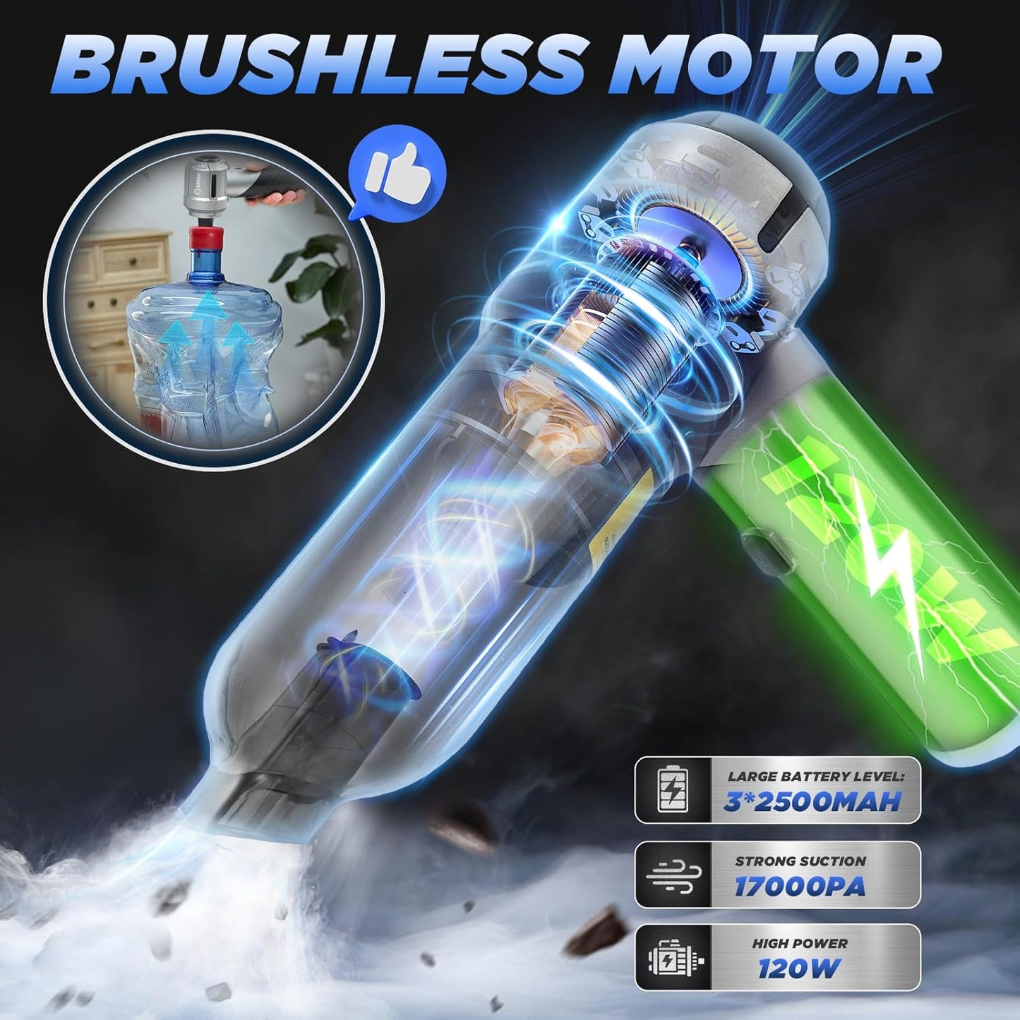 Saker Handheld Car Vacuum Portable Cordless17000PA Mini Vacuums Rechargeable Foldable Vacuum Cleaner with Brushless Motor for Gifts Home,Office Pet and Father's Day HL132 Black