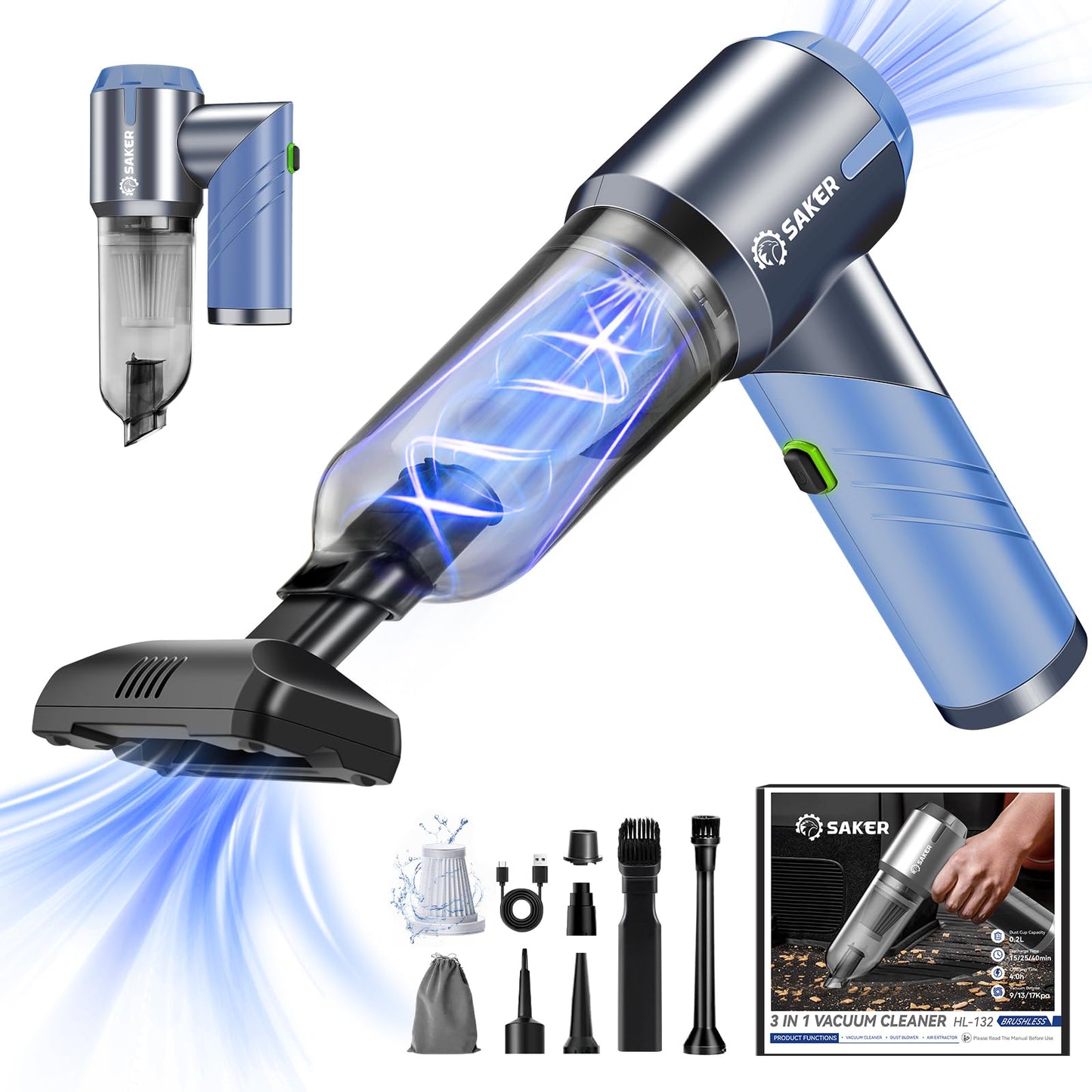 Saker Handheld Car Vacuum Portable Cordless17000PA Mini Vacuums Rechargeable Foldable Vacuum Cleaner with Brushless Motor for Gifts Home,Office Pet and Father's Day HL132 Black