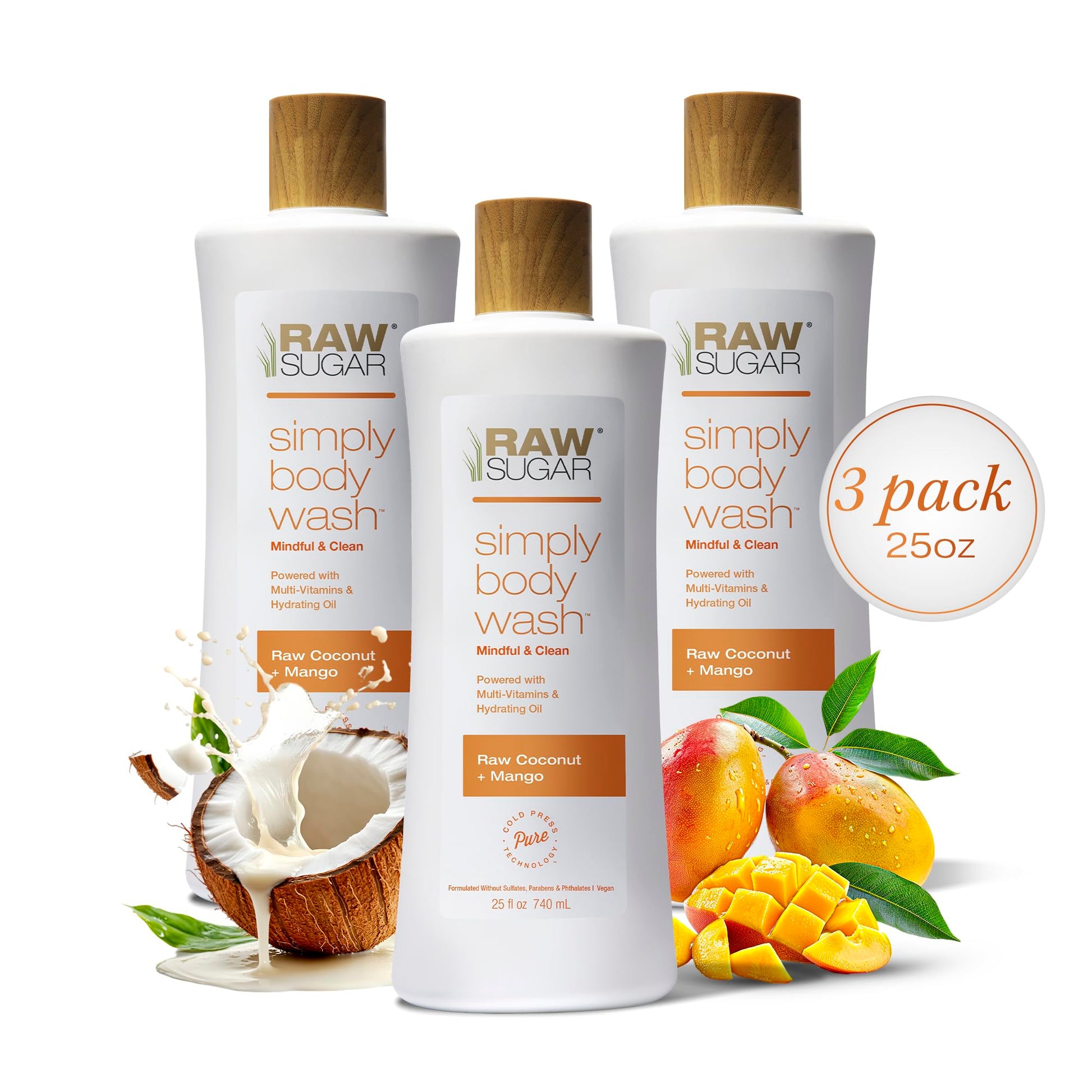 RAW SUGAR Simply Body Wash, Beach Rose + Coconut Milk + Shea (25 Fl Oz, Pack of 3) Sensitive Skin Bath Soap, Formulated without Sulfates & Parabens…