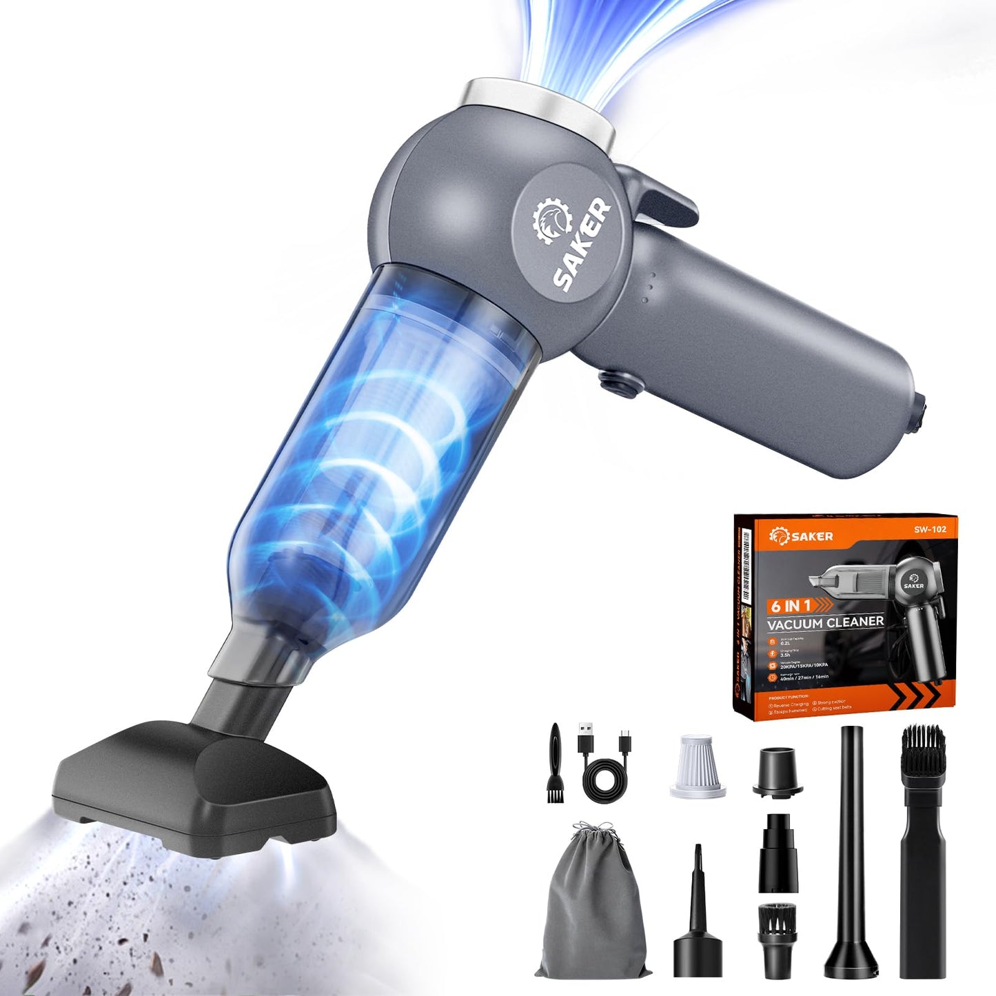 Saker Portable Car Vacuum Cordless 20000Pa 6 in 1 Multifunctional Adjustable Small Handheld Vacuum 7800mAH with Brushless Motor, for Car Home and Office SW-102
