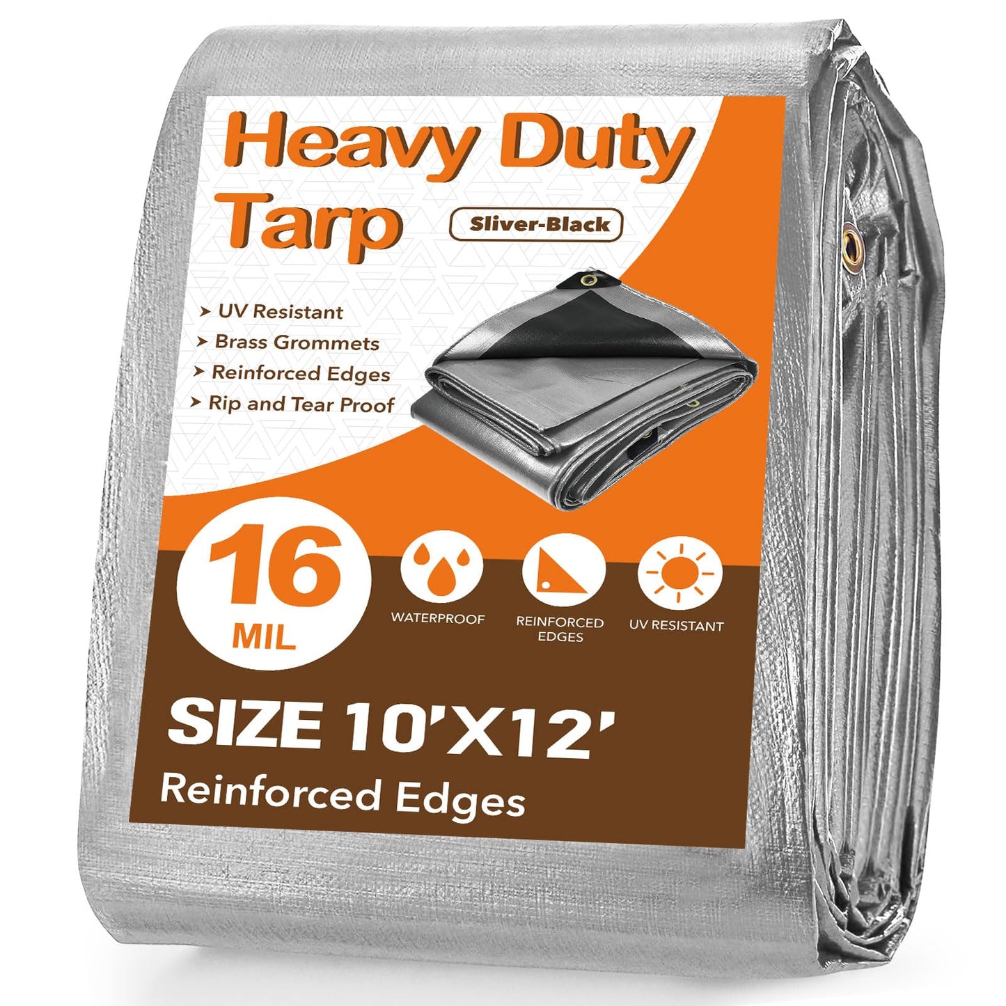 Tarps Waterproof 10' X 20' Heavy Duty Tarp 16 Mil Thick Large Tarp with Grommets Multipurpose Protective Poly Outdoor for Roof, Camping, Patio, Pool, Boat, Car|Silver/Black