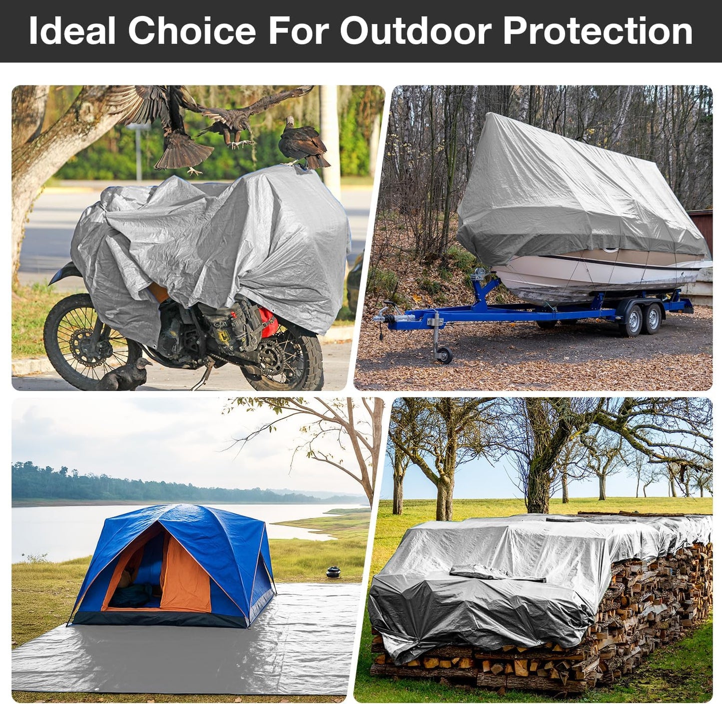 Tarps Waterproof 10' X 20' Heavy Duty Tarp 16 Mil Thick Large Tarp with Grommets Multipurpose Protective Poly Outdoor for Roof, Camping, Patio, Pool, Boat, Car|Silver/Black