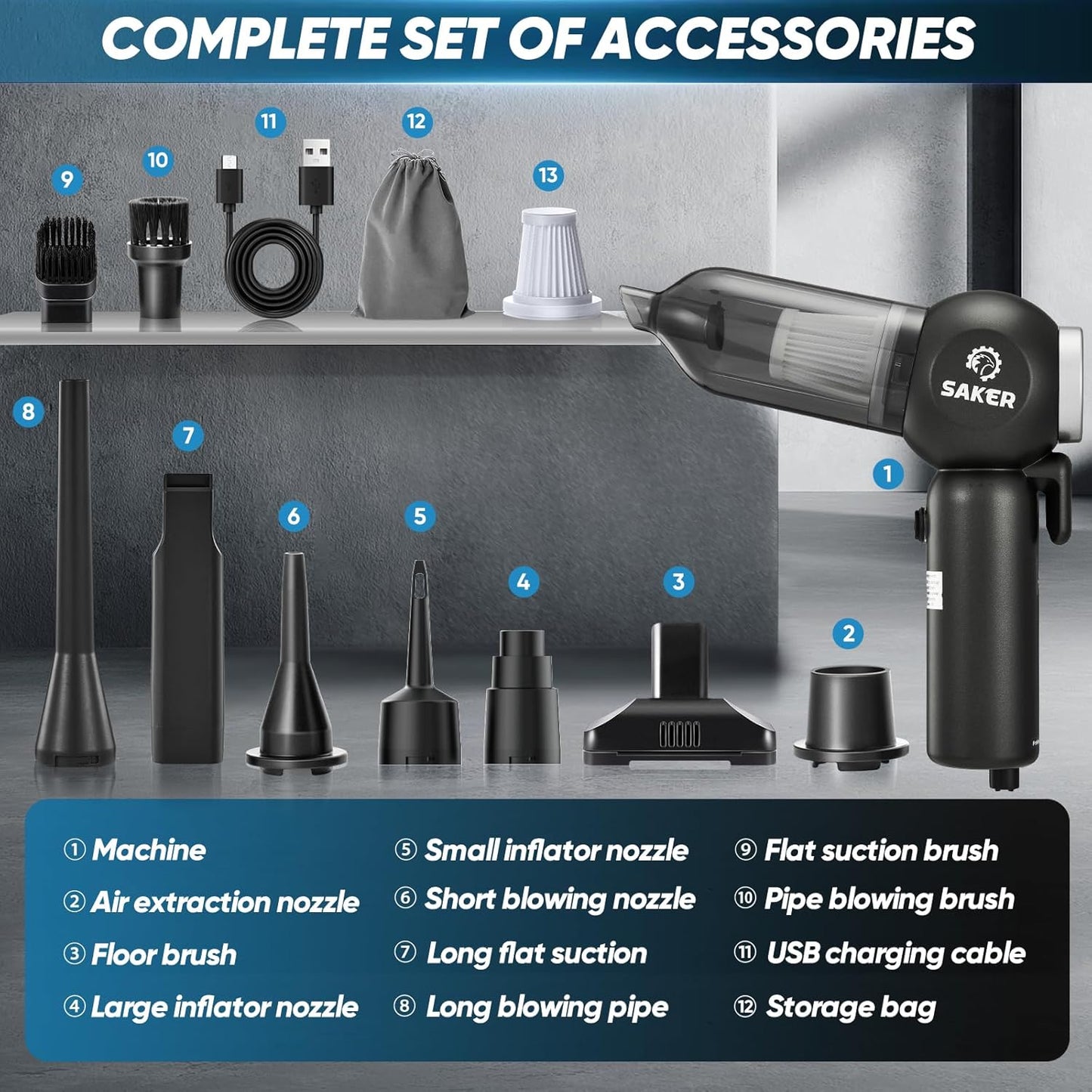 Saker Portable Car Vacuum Cordless 20000Pa 6 in 1 Multifunctional Adjustable Small Handheld Vacuum 7800mAH with Brushless Motor, for Car Home and Office SW-102