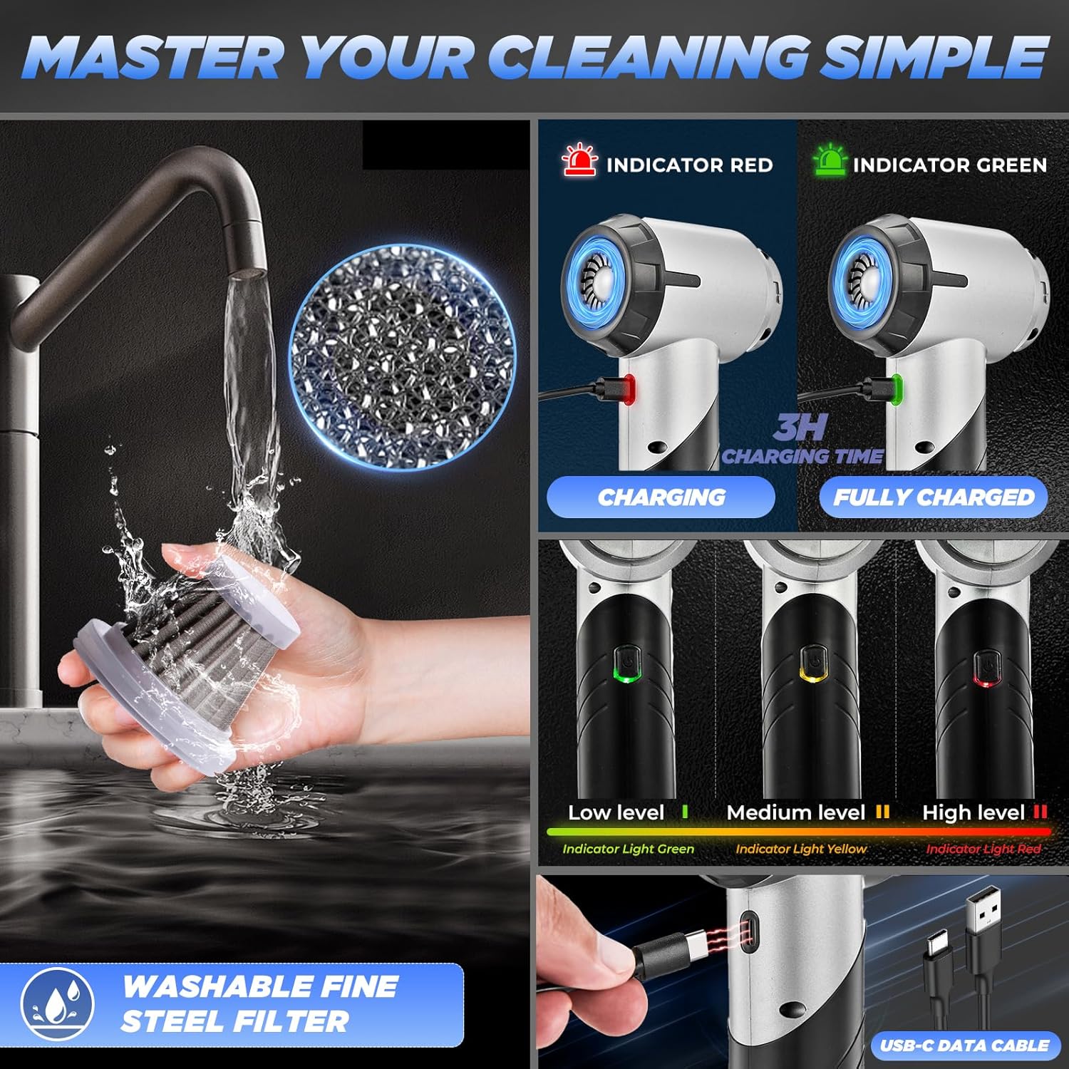 Saker Handheld Car Vacuum Portable Cordless17000PA Mini Vacuums Rechargeable Foldable Vacuum Cleaner with Brushless Motor for Gifts Home,Office Pet and Father's Day HL132 Black