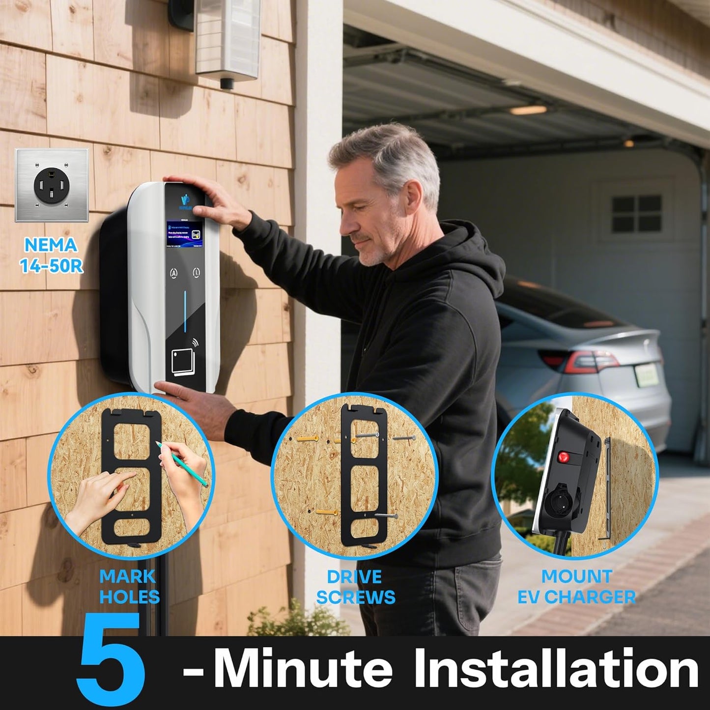 Level 2 EV Charger J1772 Fast Charging,EV Chargers for Home 40 Amp-Smart Display,Electric Car Charger 240V,Electric Vehicle Charging Stations Outdoor/Indoor,Charge Point NEMA 14-50 Home Flex, 25ft