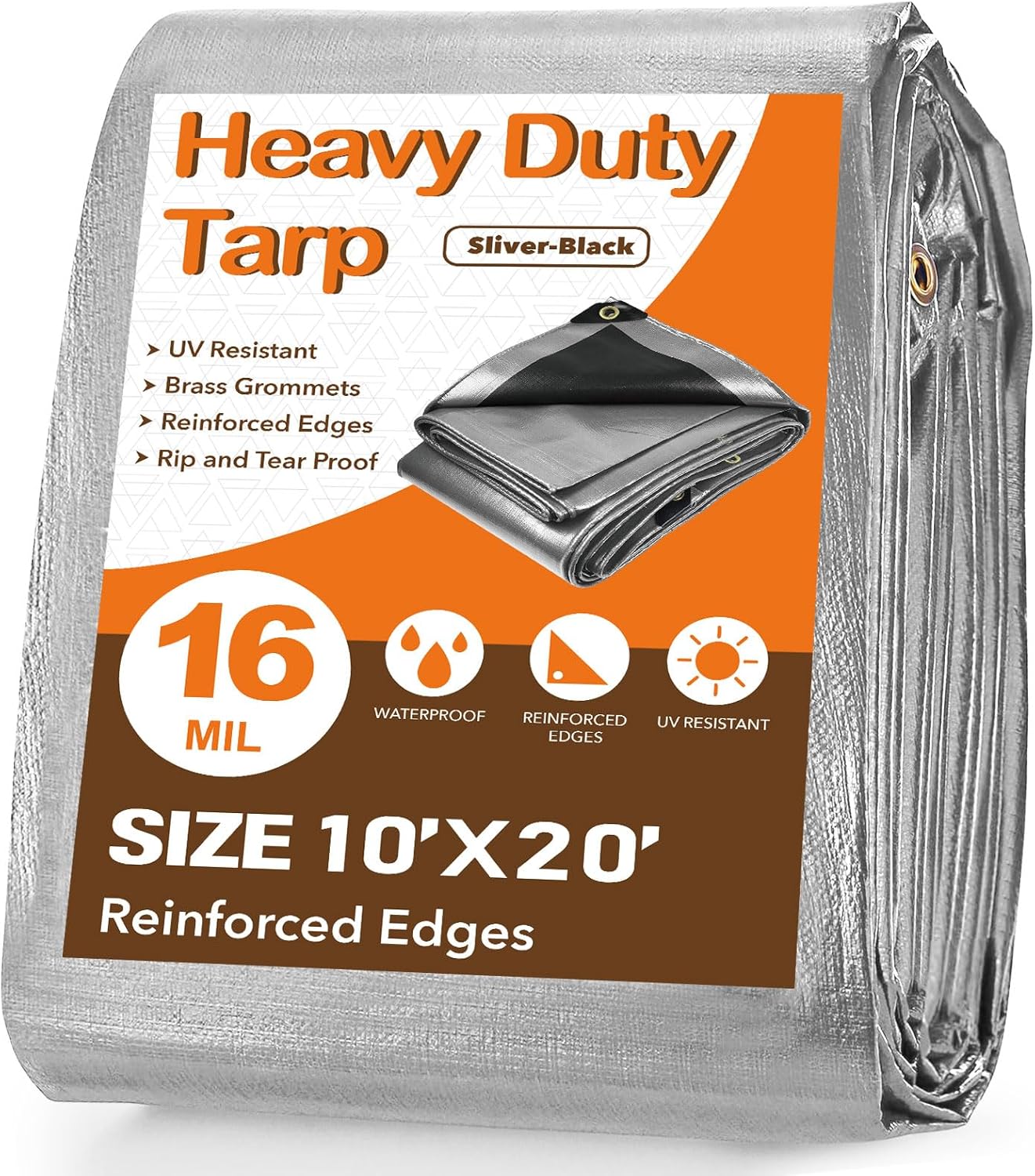 Tarps Waterproof 10' X 20' Heavy Duty Tarp 16 Mil Thick Large Tarp with Grommets Multipurpose Protective Poly Outdoor for Roof, Camping, Patio, Pool, Boat, Car|Silver/Black