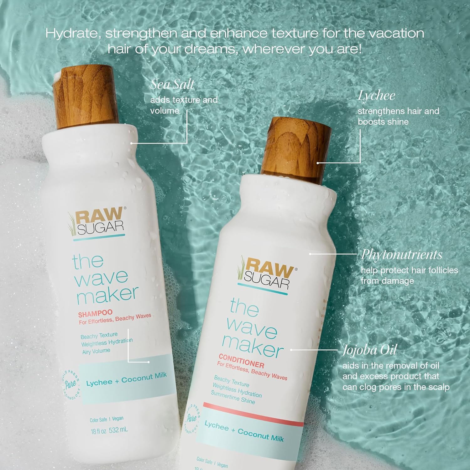Raw Sugar Shampoo and Conditioner Set, The Wave Maker Hair Care Duo, 18 Fl Oz Each, Enhances Texture, Volume & Shine for Soft, Natural Wavy Curls, No Sulfates & Parabens, Color Safe, Vegan