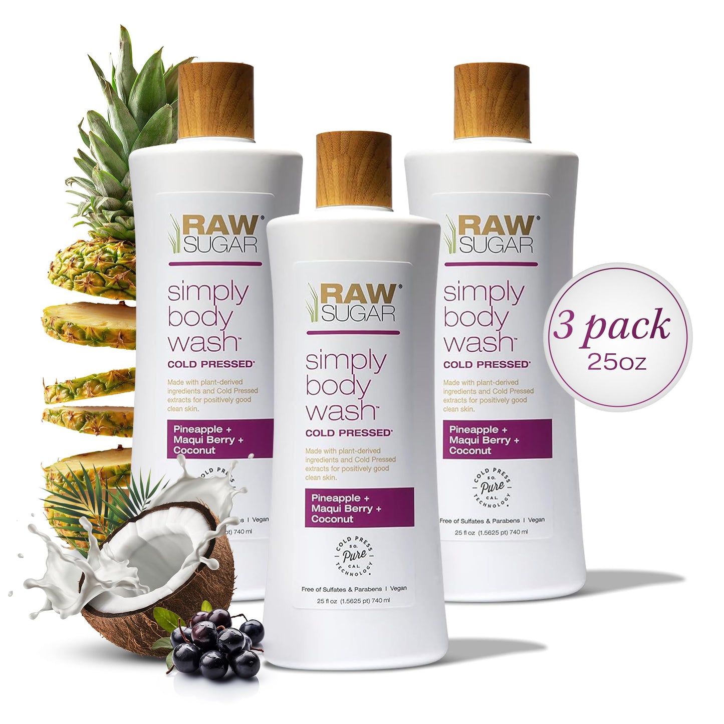 RAW SUGAR Simply Body Wash, Beach Rose + Coconut Milk + Shea (25 Fl Oz, Pack of 3) Sensitive Skin Bath Soap, Formulated without Sulfates & Parabens…